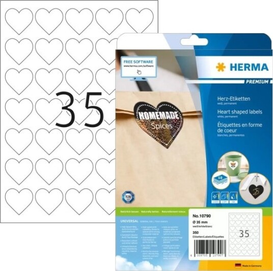 Herma 10790 Hvit Hjerte Permanent Papir Matte Laser/Blekkskriver