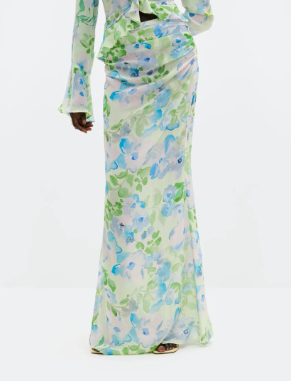 Malina Laurel Ruched Chiffon Maxi Skirt Green 42