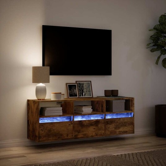  Vegghengt TV-benk med LED røkt eik 130x31x45 cm