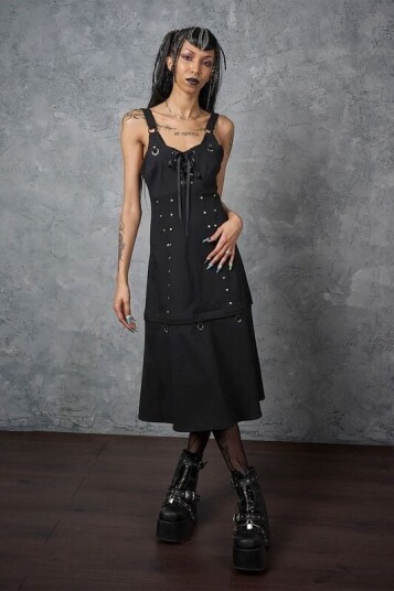Banned Alternative Goth Middellang kjole BLACK IRON BLOOM DRESS XS til XXL Damer svart
