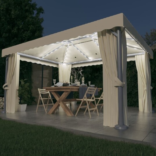 vidaXL Paviljong med gardin og LED-strenglys 4x3 m kremhvit vidaXL Paviljong med gardin og LED-strenglys 4x3 m kremhvit