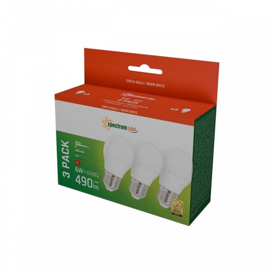 Spectrum 3 pak E27 6W LED pære   G45 Varm Hvit 230V   Dimbar : Ikke dimbar Kulør : Varm