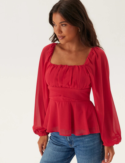 Bubbleroom Square Neck L/S Georgette Blouse   Red   42