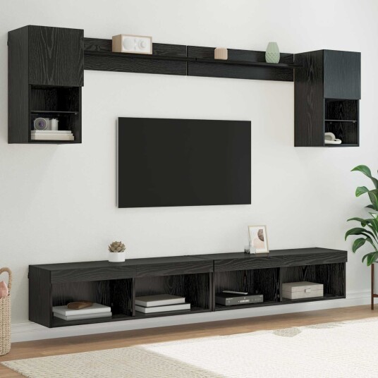 TV veggenheter med LED med LED 6 pcs Svart Eik Konstruert tre TV veggenheter med LED med LED 6 pcs Svart Eik Konstruert tre