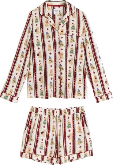 Chelsea Peers Christmas Dog Stripe Short Pyjama Set   OFF WHITE   XXS