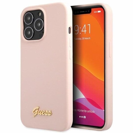 Guess Mobildeksel i Silikon til iPhone 13 Pro Max med Gullscript Lys Rosa
