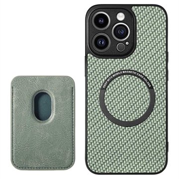 iPhone 15 Pro Magnetisk Deksel med Kortlomme Karbonfiber Grønn