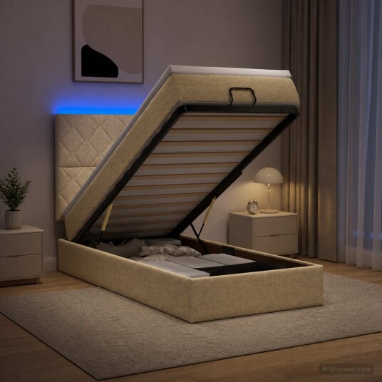 vidaXL Ottoman Seng med Madrass og LED Krem 90 x 190 cm Stoff