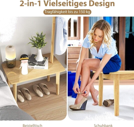 3 i 1 sidebord laget av heltre klesstativ med skobenk 76 x 43 x 168 cm natur