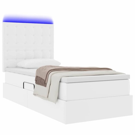 Seng med lagring og LED med LED Ren Hvit 90 x 190 cm Kunstlær Seng med lagring og LED med LED Ren Hvit 90 x 190 cm Kunstlær