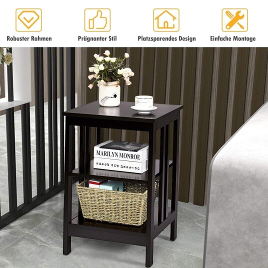 3 Tier II formet nattbord sidebord med hylle og oppbevaringsplass 40 x 40 x 61 cm kaffe
