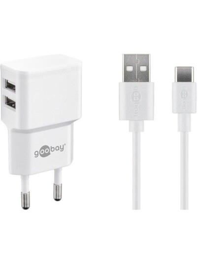 Pro USB-C Lader Sett 2.4 A med 2 USB-porter og 1m Kabel - Hvit