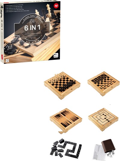 Alga 6-i-1 Familie Spill: Mølle, Dam, Backgammon, Yatzy, Sjakk, Domino Alga 6-i-1 Familie Spill: Mølle, Dam, Backgammon, Yatzy, Sjakk, Domino