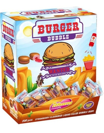 200 stk Ilham Burger Bubble Tyggegummiburgere med Jordbærsmak og Fyll Hel Eske 920 gram