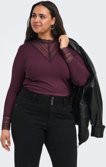 ONLY Carmakoma Cartilde Rib Lace L/S Top Jrs Noos Burgundy 46 48