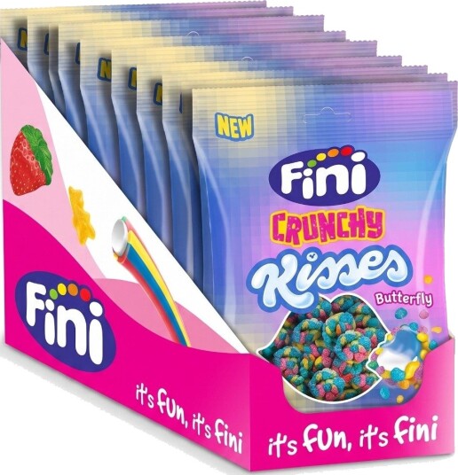 12 stk Fini Crunchy Kisses Raspberry Butterfly Skumgodteri med Bringebærsmak 75g Hel Eske 12 stk Fini Crunchy Kisses Raspberry Butterfly Skumgodteri med Bringebærsmak 75g Hel Eske