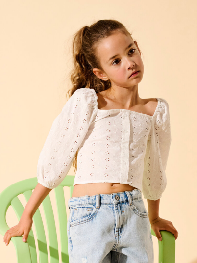 Kids Only Pilea 3/4 Embroderie Anglaise Shirt Woven Hvit 140