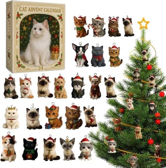 Katte Adventskalender 2025   24 dager med miniatyr kattefigurer i blindbokser   Unik julegave   for voksne katteeiere og samlere