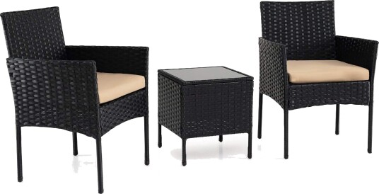 3 delt rotting terrassemøbelsett – gule puter glassbord