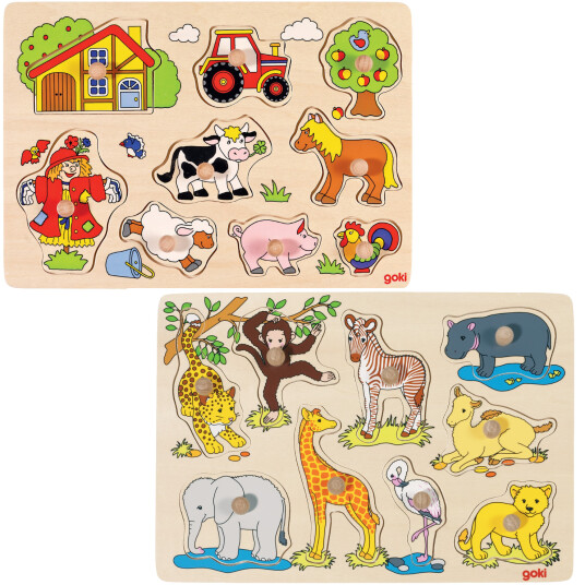 Goki Wooden Stud Puzzle Farm Retro 5pcs. Tre