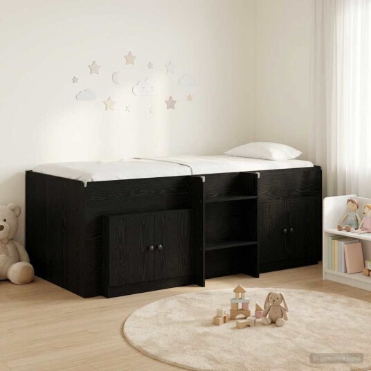 Loft Seng Ramme med Skap med lagring 3 pcs Svart Konstruert tre Loft Seng Ramme med Skap med lagring 3 pcs Svart Konstruert tre