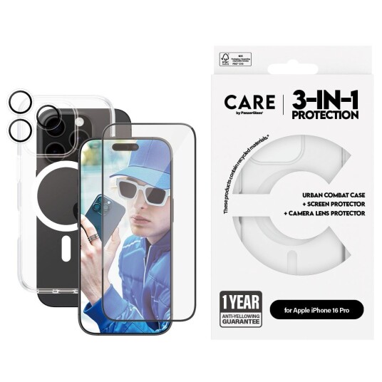 PanzerGlass 3-i-1 Flaggskip Bundle for iPhone 16 Pro med Skjerm- og Kamerabeskyttelse