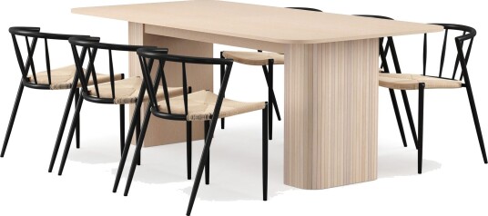 Kopparbo Spisebord 200-260 cm Uttrekkbart med ileggsplate med 6 Winston Spisestoler - Hvit / Beige / Metallben Svart