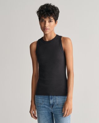 Ribbestrikket tanktop med høy halslinning BLACK XS