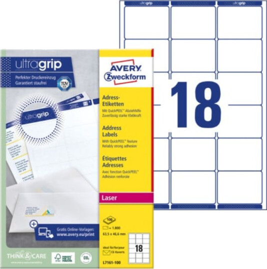 Avery-adresseetiketter med QuickPEEL™ og Ultragrip 63,5 x 46,6 mm 1800-etiketter hvit SAV-L7161-100 Avery-adresseetiketter med QuickPEEL™ og Ultragrip 63,5 x 46,6 mm 1800-etiketter hvit SAV-L7161-100