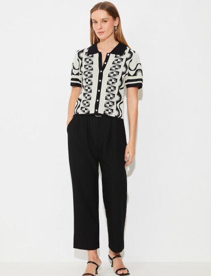 SUNCOO Paris Gabera - Black And White Jacquard Polo Jumper - Cream - XS SUNCOO Paris Gabera - Black And White Jacquard Polo Jumper - Cream - XS