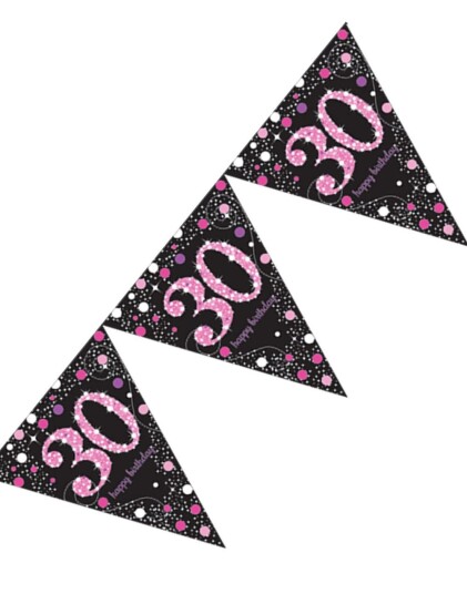 30 Års Feiring   Glitrende Svart og Rosa Vimpelbanner 4 m