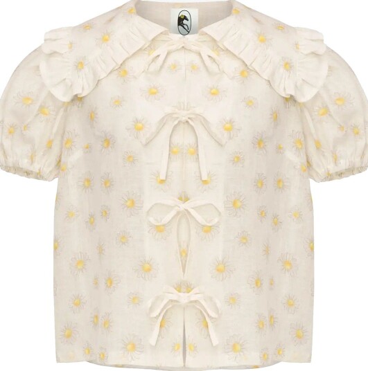 Sleeper Puff Linen Lounge Shirt In Daisies - WHITE&YELLOW - M