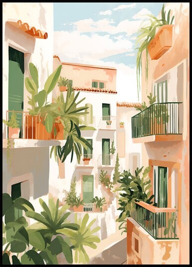 Sunlit Balconies Mediterranean Courtyard Plakat Plakat / 30x40cm