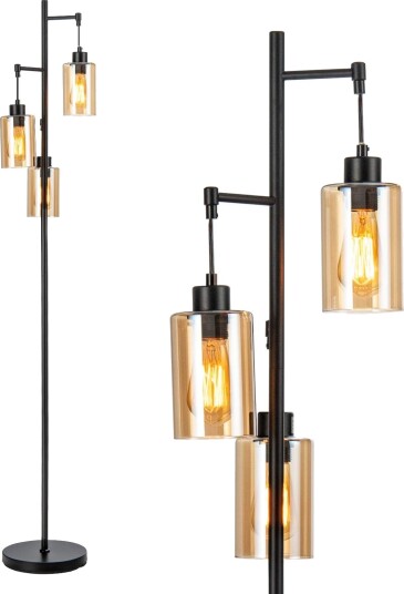 Gulvlampe i ravfarget glass – 3 skjermer fotbryter metallbase