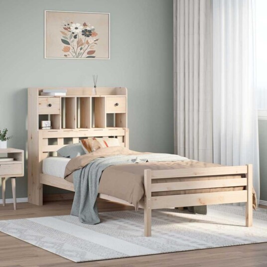 Seng med bokhylle uten madrass 90x200 cm heltre furu