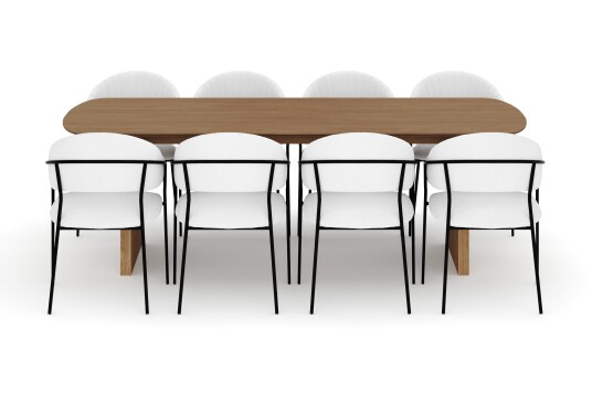 Bark Richeto Spisebord 240 cm med 8 Karol Spisestoler Naturlig finish / Hvit Bouclé