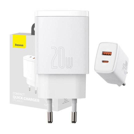 Baseus 20W Hurtiglader USB-C og USB med 2 Porter Hvit