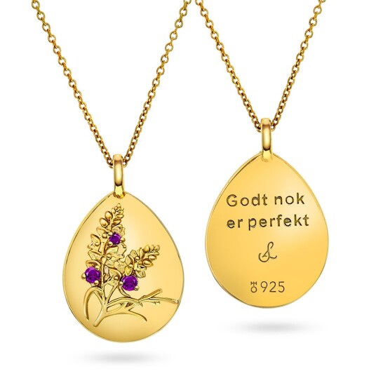 Amulett i 925 forgylt sølv med teksten "Godt nok er perfekt" og ametyst