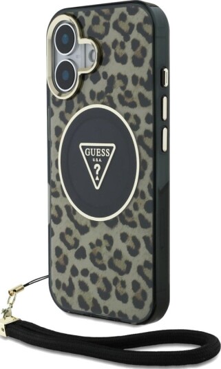 Guess Leopard Triangle Cord Strap MagSafe Deksel til iPhone 16 - Brun Guess Leopard Triangle Cord Strap MagSafe Deksel til iPhone 16 - Brun