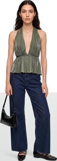 Gina Tricot Glitter Halterneck Top Khaki green M