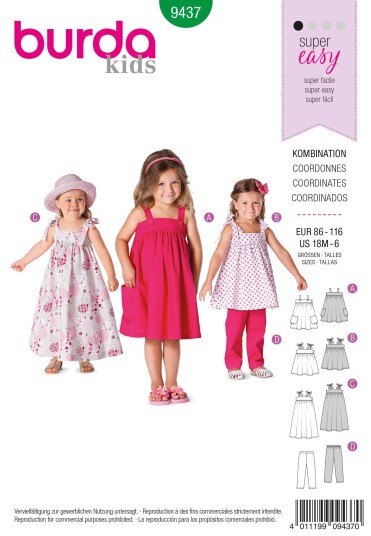 Burda 9437 - Kjole, Topp & Bukse EUR: 86-116, US: 18M-6