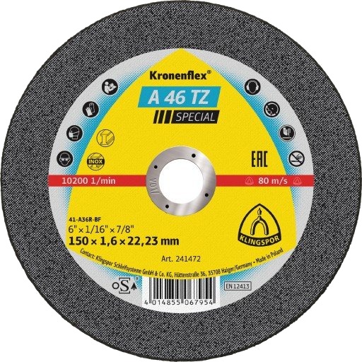 Kappeskive Klingspor Inox Ø 150 X 1,6 X 22,23 Mm / A46tz Special