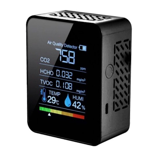 5 i 1 Karbondioksiddetektor Innendørs Luftkvalitetsmåler Digital CO2 TVOC HCHO Temperaturog Fuktighetstester med Bakgrunnsbelysning Svart
