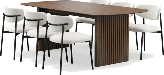 Richeto spisebord 210 cm med 6 Lucy spisestoler - Røkt eik / hvit bouclé