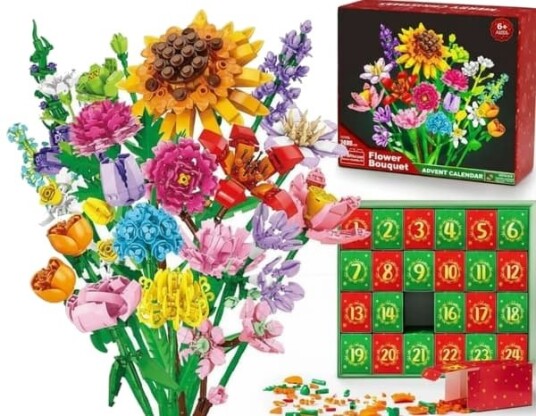Adventskalender 2026 – 24 stk. byggeklossbukett med ville blomster julenedtelling for barn tenåringer og voksne