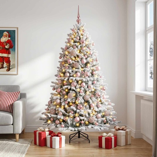 vidaXL Kunstig juletre med kuler 210 cm 300 LED-lys Varmhvit