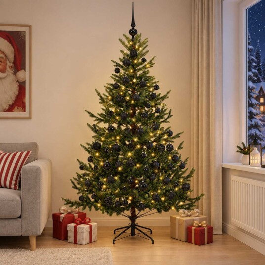 vidaXL Kunstig juletre med julekuler 240 cm 300 LED-lys Varmhvit