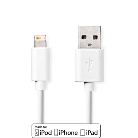 Nedis Lightning Kabel | USB 2.0 | Apple Lightning 8-Pinners | USB-A Han | 480 Mbps | Nikkel belagt | 2.00 m | Rund | PVC | Hvit | Label