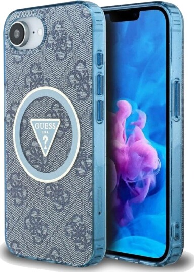 Guess MagSafe Deksel for iPhone 16e i Metallglitter med Sirkeltriangel - Blå