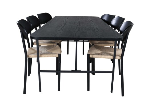 Venture Design Uno & Polly spisegruppe Svart/svart 6 stoler & bord 200 x 90 cm